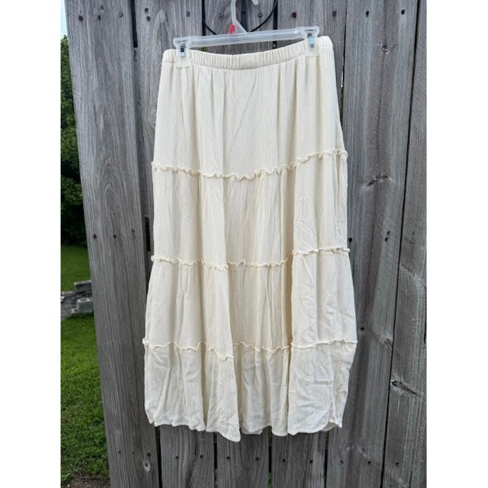 Boho Cottagecore Hollister Tiered Midi Skirt L Cream Ruffle Ultra High Rise